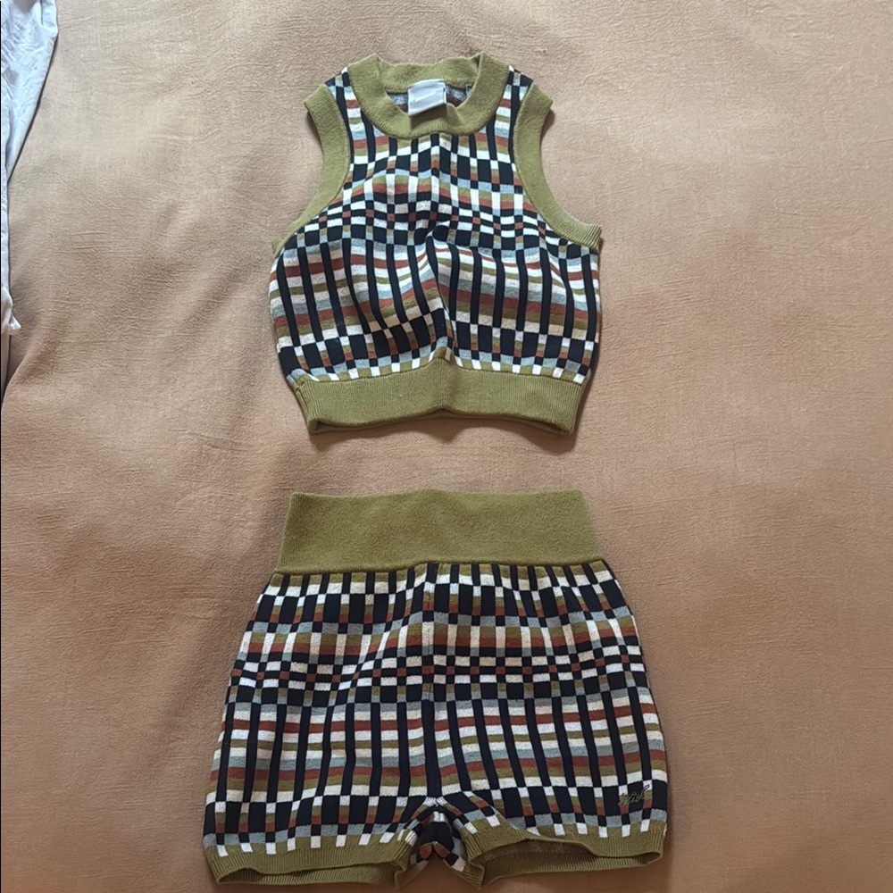 Kith Olive Multi-Color Checkered Knit Crop Top & Shorts Set